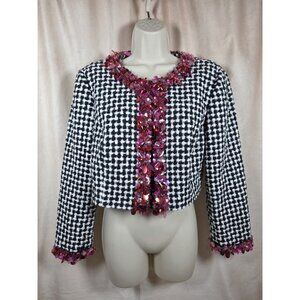 *Rare* Carolina Herrera - Black & White Tweed Cropped Jacket w/ Sequin Trim
